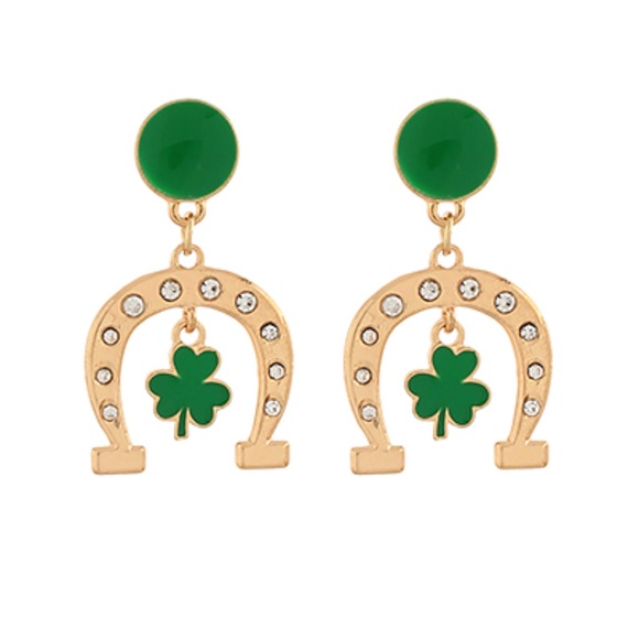 Crystal Horseshoe & Clover Dangle Earrings - Picture 1 of 1